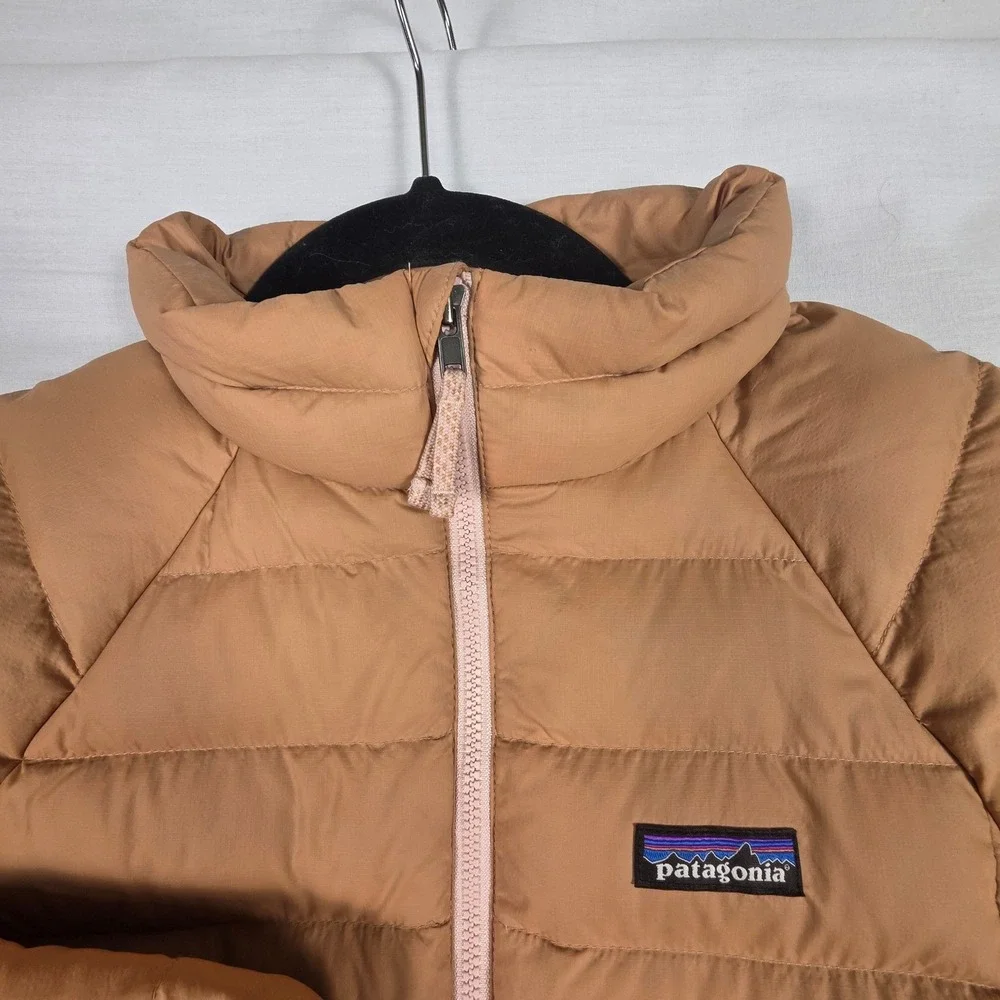 Patagonia‎ Down 600 Fill Jacket Kids XL Tan Pink Puffer Hoodless Full Zip Warm